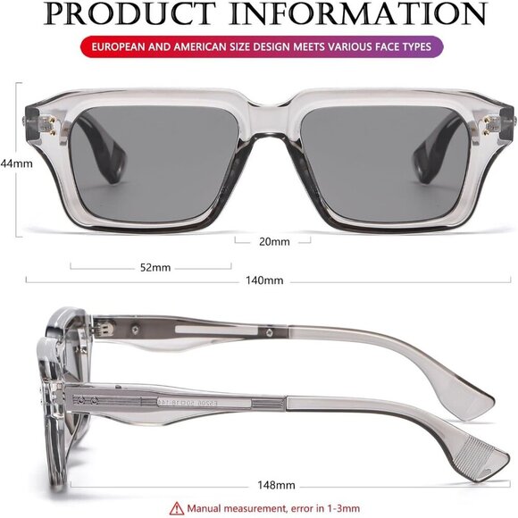 Retro Rectangle Clear Grey Sunglasses Men Women Fashion Square Frame Shades - Picture 5 of 6